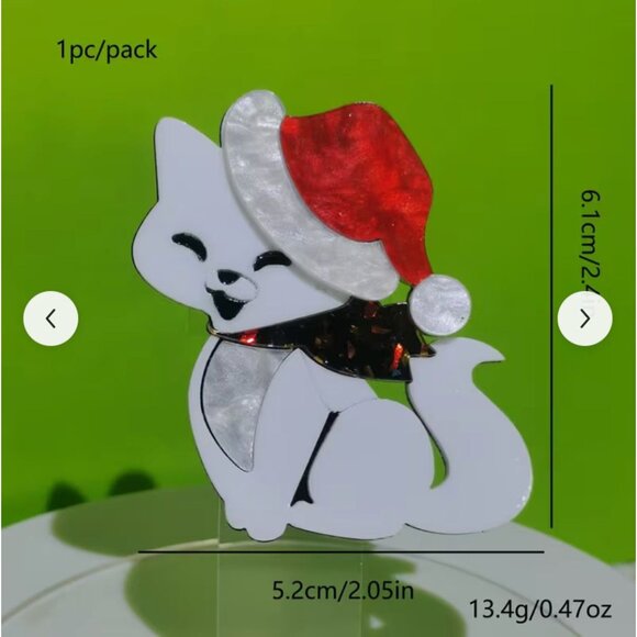 Acrylic Christmas Cat Brooch with Santa Hat - Picture 2 of 3